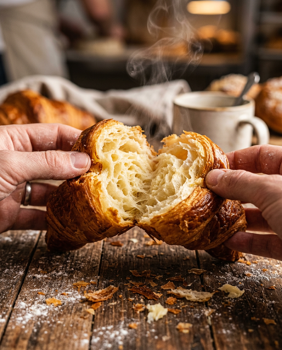 Golden-brown croissant breaking apart to show flaky layers