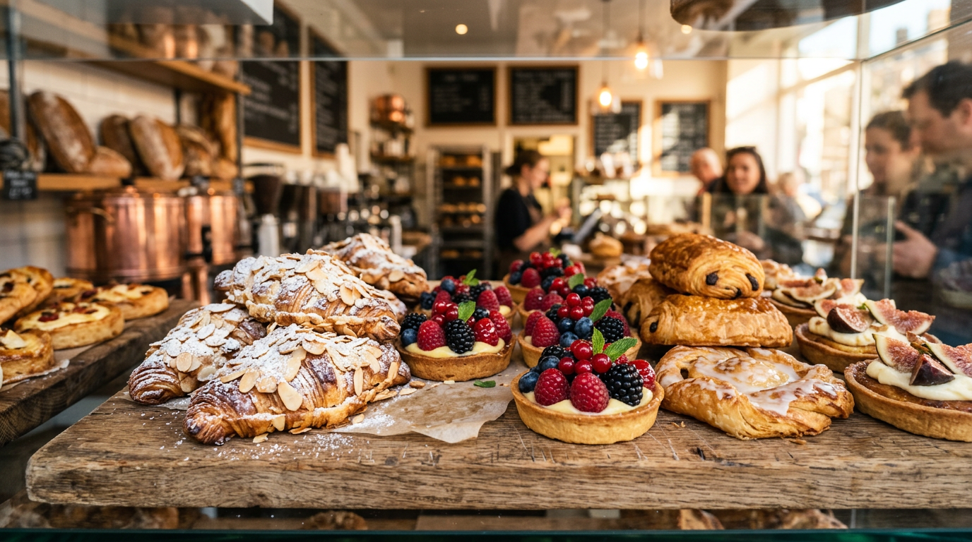 Assortment of fresh artisan pastries and fruit tarts in a bakery display